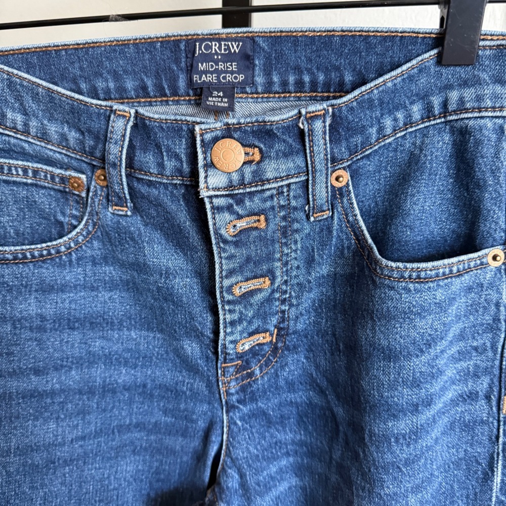 J.Crew Flare Crop Jeans Button Fly 24 Blue Excellent Mid Rise Stretch Denim - Picture 2 of 5